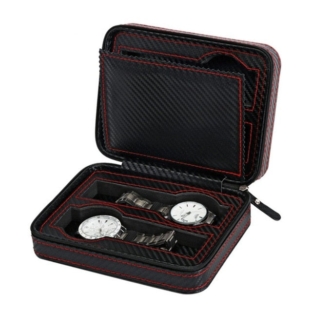 2/4 Grid Carbon Fiber Portable Leather Watch Box