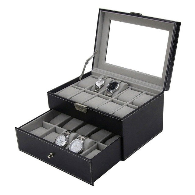 20 Grid Slot Double Layer Leather Watch Box