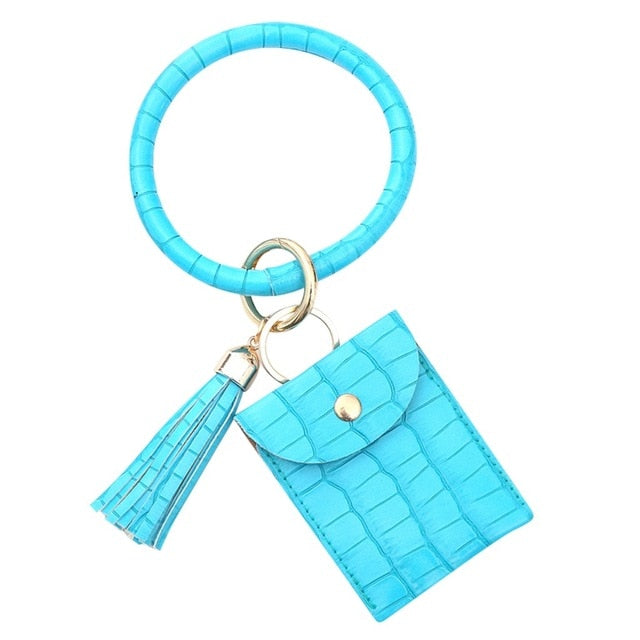 Croc Embossed Leather Card Case Keychain with Tassel Bangle