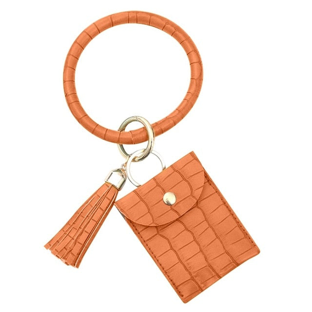 Croc Embossed Leather Card Case Keychain with Tassel Bangle